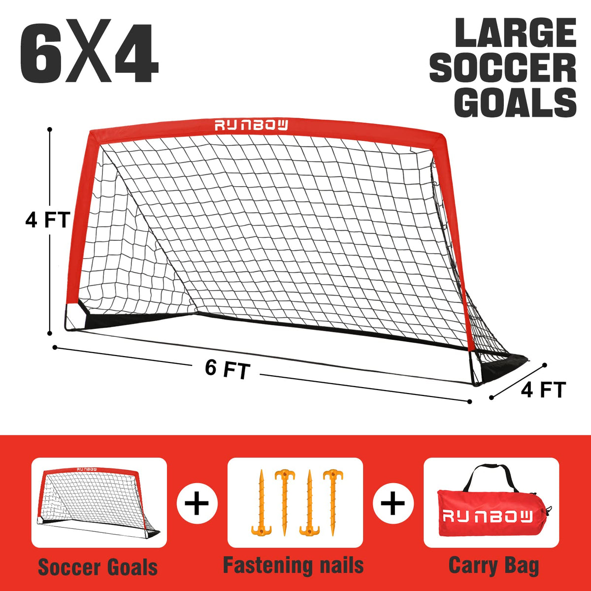 RUNBOW 6x4 ft Portable Kids Soccer Goal for Backyard Practice Soccer Net with Carry Bag (6x4 FT, 1 Pack, Red)