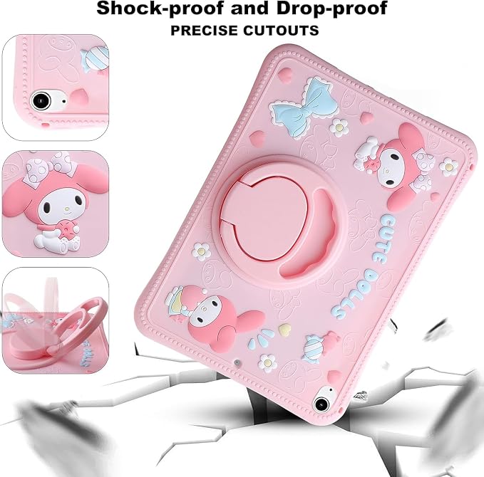Kids iPad Case for 10.2 inch 9th/8th/7th Generation Pink Shockproof Stand Case with Adjustable Shoulder Strap &amp 360 Rotating Handle for Girls