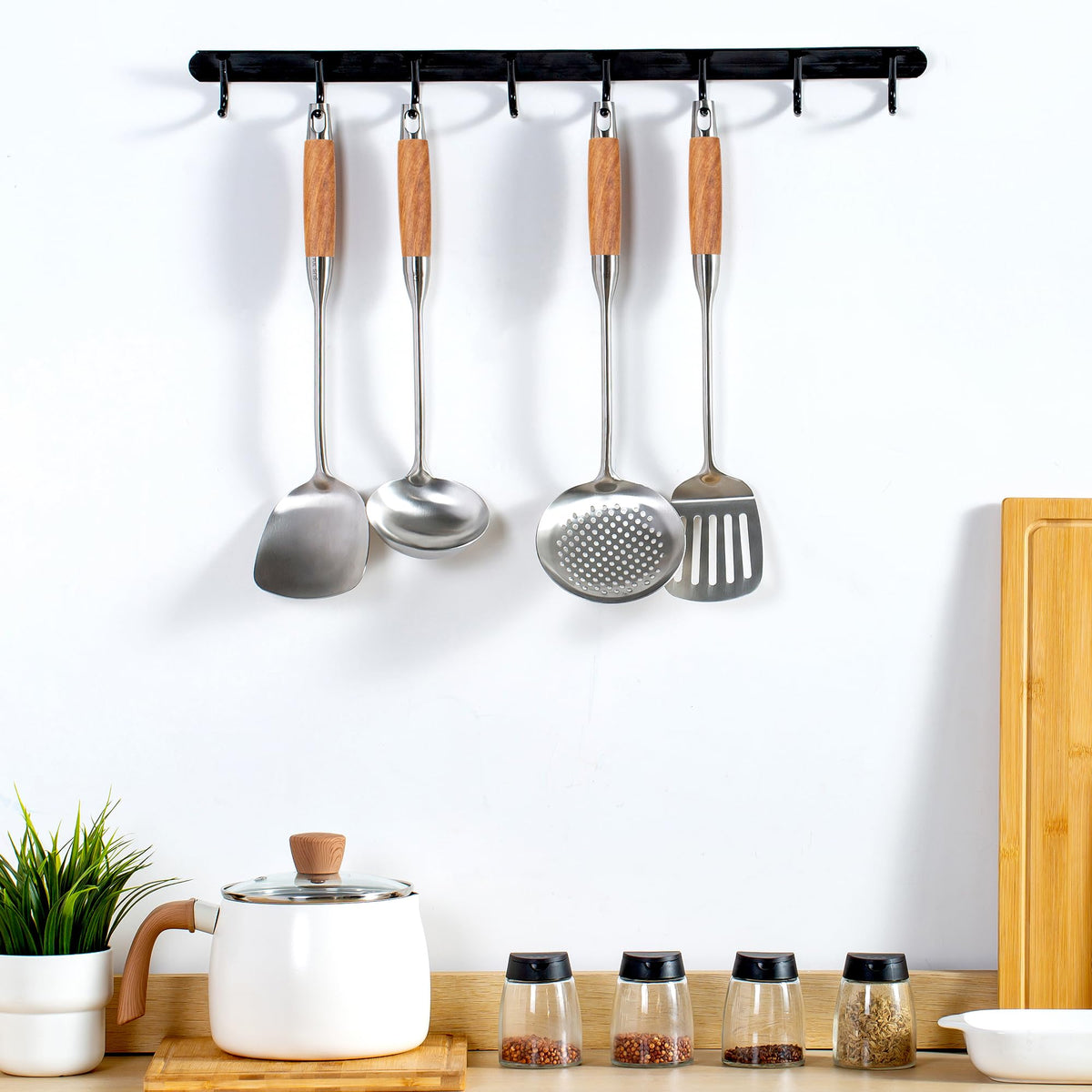 FJNATINH Wok Utensils - Wok Spatula Metal Set, 4-Pieces 14-15 Inch Extra Long, Wok Tools Professional Set, Wooden Handle Skimmer, Soup Ladle, Slotted Turner