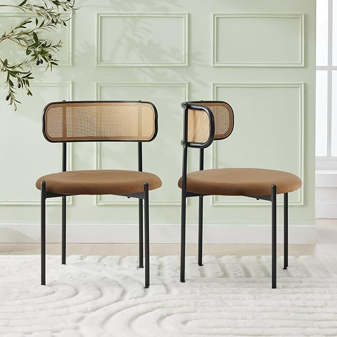 Rattan Dining Chairs Set of 8, Mid Century Modern Dining Chairs with Cane Back and Boucle Upholstered Seat, Farmhouse Kitchen Chairs for Dining Room and Living Room, Brown