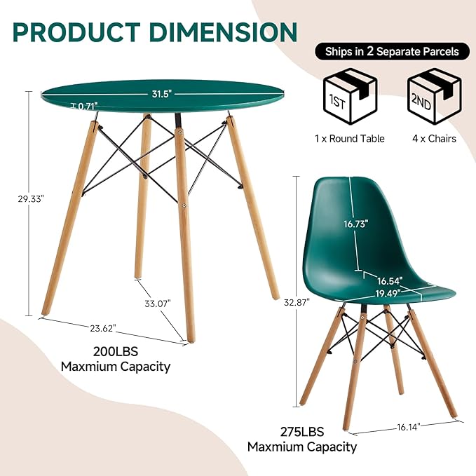 Round Dining Table Set for 4 31.5" Wood Dinner Table Circle Dining Table Kitchen Table Chairs Set of 4 with Wood Strip Base for Kitchen Living Room Space Saving Apartment(Green)