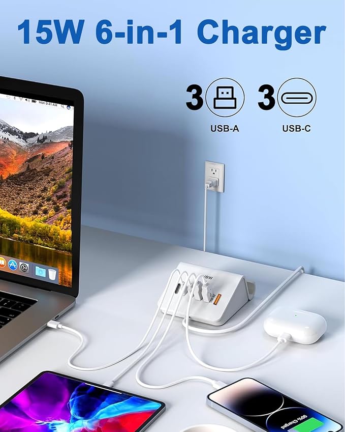 USB C Charging Station 35W VHBW 6 Port 3A and 3C(1Port *USB-C PD20W Fast) Desktop Fast Charging Station for iPhone 14/13/12Samsung Galaxy S23/S22/S21etc