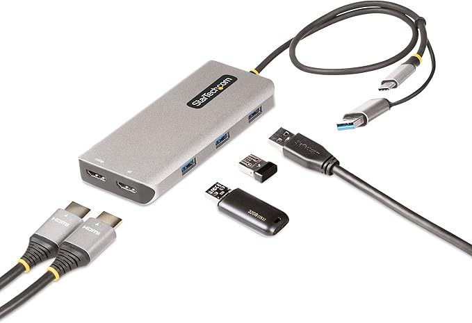 StarTech.com USB-C Multiport Adapter w/Attached USB-C to USB-A Dongle, Dual HDMI (4K30Hz/1080p60Hz), 3X USB-A 5Gbps, Mini Travel Dock, Laptop Docking Station, 1.3ft/40cm Cable (167B-USBC-MULTIPORT)