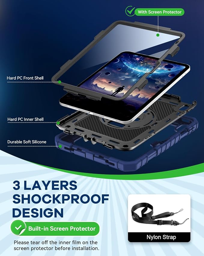 Cantis Case for iPad 9th/8th/7th Generation with Screen Protector iPad 10.2 Case 2021/2020/2019 with 360 Degree Rotating Stand/Shoulder Strap/Pencil Holder Alpine Green