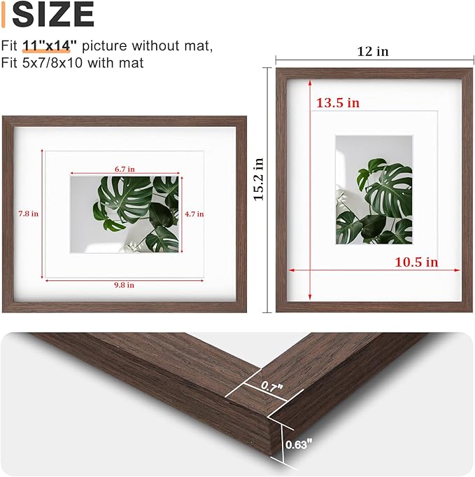 Egofine 11x14 Picture Frame Made of Solid Wood with Plexiglass, Display Pictures 5x7/8x10 with Mat or 11x14 Without Mat for Tabletop and Wall Mounting, Rustic Brown