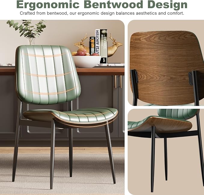 Modern Green Leather Dining Chair Set of 2, Bentwood Backrest & Black Metal Frame Ergonomic Comfort, Sustainable Style, Multi-Space Versatile, Green