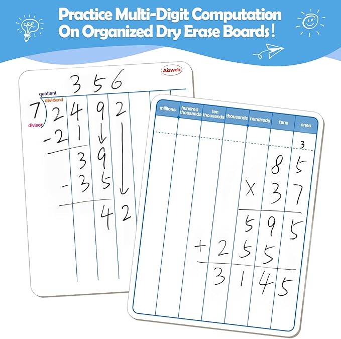 Dry Erase Long Division White Board,9 x 12 Multi-Digit Computation Double-Sided Dry Erase Board,Math Manipulatives Whiteboard for Students,Classroom and Home,Small White Board(Division)