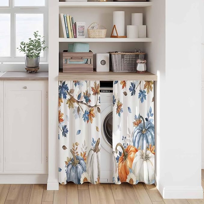 Navy Blue Pumpkin Fall Kitchen Curtains 54 Inch Long 2 Panel Set, Rod Pocket