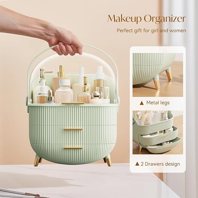 Makeup Organizers, Make Up Organizers for Vanity, Countertop Cosmetic Storage with Drawers and Transparent Cover for Bedroom Bathroom (Light Green)
