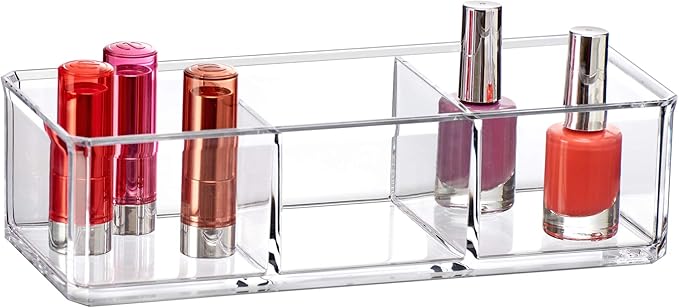 Amazing Abby - Glamour - Acrylic 3-Compartment Makeup Organizer, Transparent Plastic Lipstick Holder, Perfect Bathroom Vanity Storage Solution for Lipsticks, Nail Polishes, and More