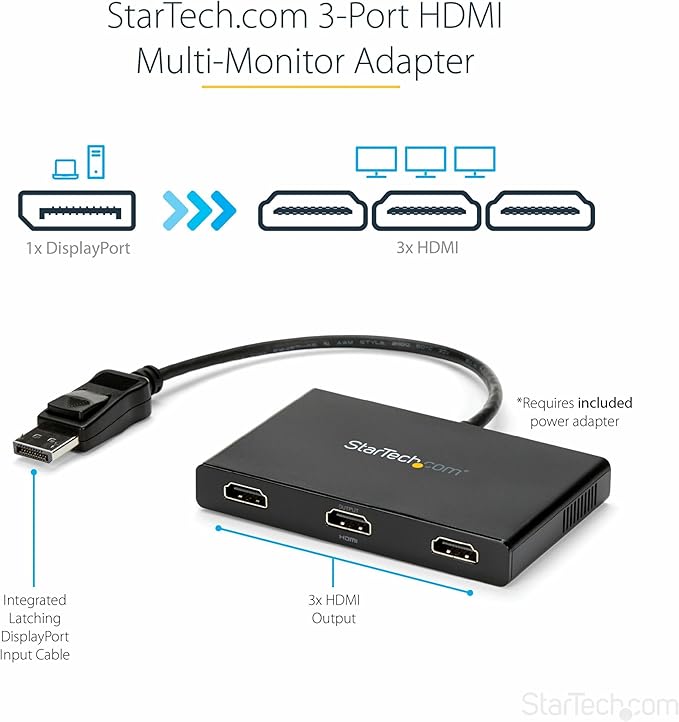 StarTech.com 3-Port Multi Monitor Adapter - DisplayPort 1.2 to 3x HDMI MST Hub - Triple 1080p HDMI Monitors - Video Splitter for Extended Desktop Mode on Windows PCs Only - DP to 3x HDMI (MSTDP123HD)
