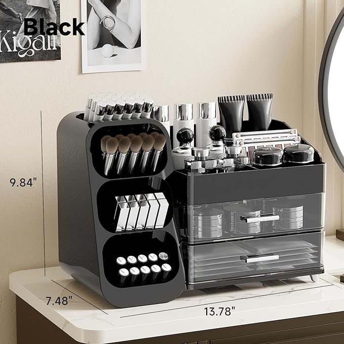 Makeup Organizer for Vanity with Brush Holder, Countertop Organizer with 2 Drawers, Spacious Cosmetic Display Case for Beauty Essential, Skincare, Lipstick