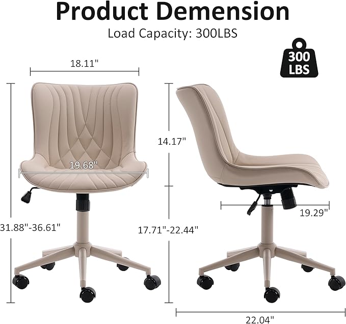 YOUTASTE All Cream Office Chair, Modern Armless Desk Chair with Back, Adjustable Swivel Rolling Faux Leather Task Chair with Wheels Metal Base for Home Office, Study, or Vanity