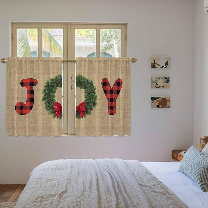 Red Green Christmas Kitchen Curtains 54 Inch Long 2 Panel Set, Rod Pocket