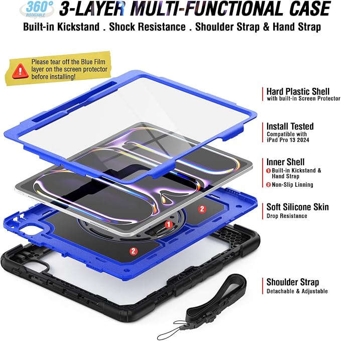 iPad Pro 11 Inch Case 2024 with Screen Protector Pen Holder | iPad Pro 11 5th Generation Case | Three Layer Shockproof Defender Protective Cover W/Stand Hand Strap for iPad A2836/A2837 | Black