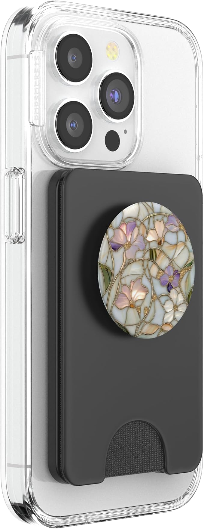 Stained Glass Floral Print with Purple Flowers PopSockets PopWallet for MagSafe