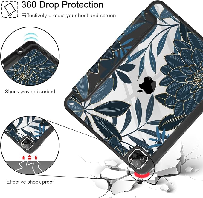 Tuiklol for iPad Pro 11 Inch 4th / 3rd / 2nd / 1st Gen (2022 2021 2020 2018) Case -Built-in Pencil Holder Shockproof Cover Clear Transparent Back Shell with Auto Wake/Sleep Black Flower