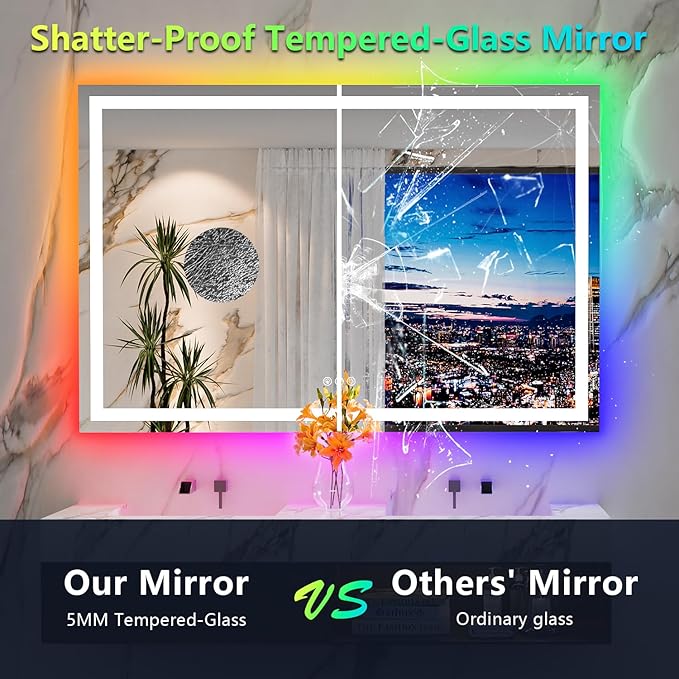YEELAIT 60x40 Inch RGB LED Bathroom Mirror Front Light and RGB Backlit Lighted Vanity Mirror for Bathroom Wall Mounted Dimmable Anti Fog Memory Shatter-Proof IP54 Waterproof Horizontal/Vertical