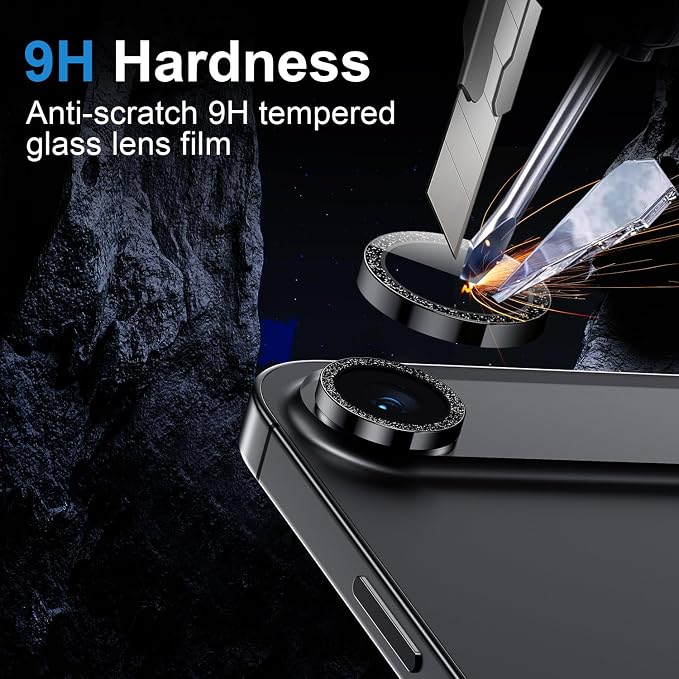 Korecase for iPhone 17/iPhone 16/iPhone 16 Plus Camera Lens Protector Bling 9H Tempered Glass Anti Scratch Camera Screen Protector Shockproof Film Metal Ring Lens Protector Glitter-Black