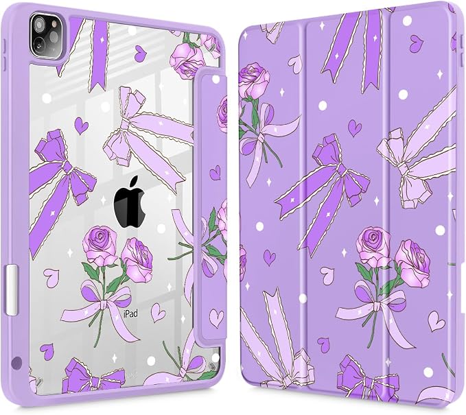 Tuiklol for iPad Pro 11 Inch 4th / 3rd / 2nd / 1st Gen (2022 2021 2020 2018) Case -Built-in Pencil Holder Shockproof Cover Clear Transparent Back Shell with Auto Wake/Sleep Black Flower