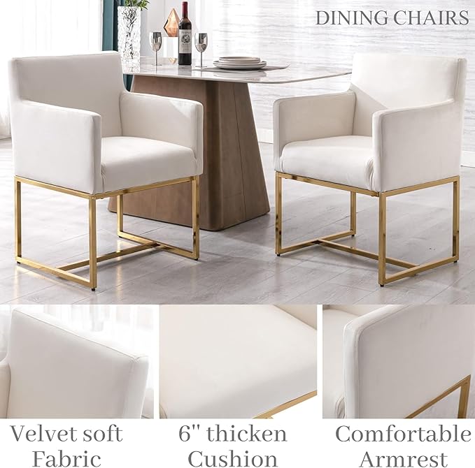 Upholstered Dining Chairs with Arms Set of 6 Mid Century Modern Accent Chairs Armchairs with Gold Metal Frame, Velvet Modern Kitchen & Dining Room Chairs, Cream