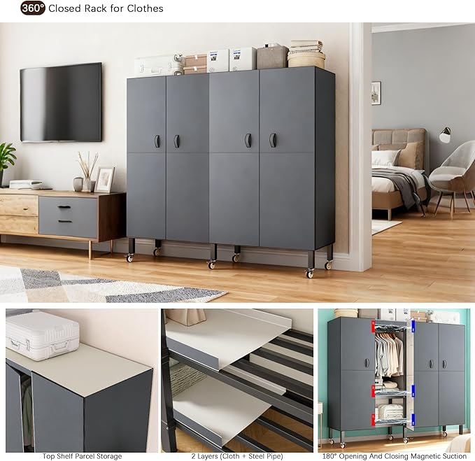 Foldable Portable Armoire Wardrobe Closet for Hanging Clothes Rack, Heavy Duty Covered Clothes Rack with Cover(HARDBOARD Magnetic), Closet Garment Rack for Bedroom Storage (KT Grey, 74.8in)