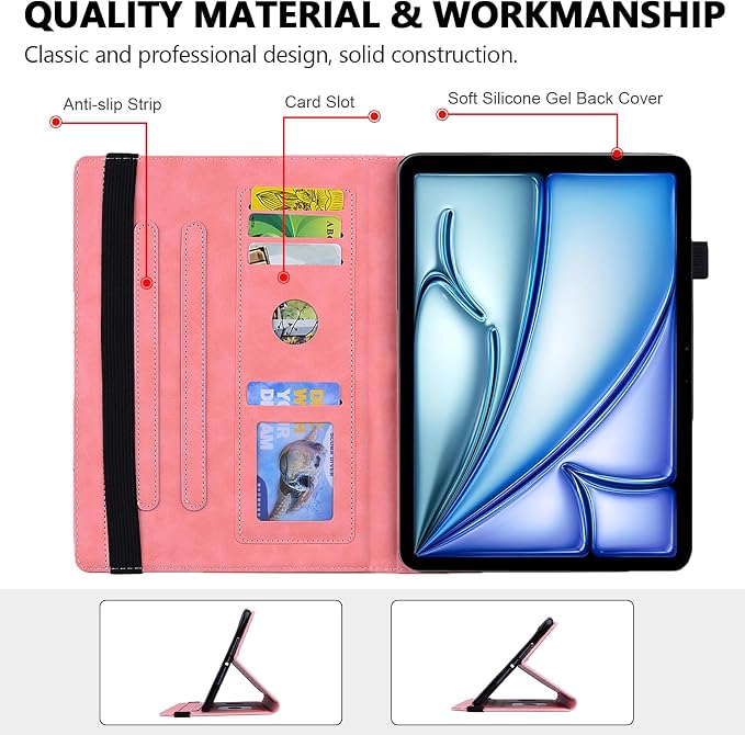 Folio Case for iPad Pro 11 2018-2022 iPad Air 11 2025/2024/Air 10.9 - Techcircle Stand Mandala Embossed PU Leather Soft TPU Cover with Elastic Strap Card Slots Pencil Holder - Pink
