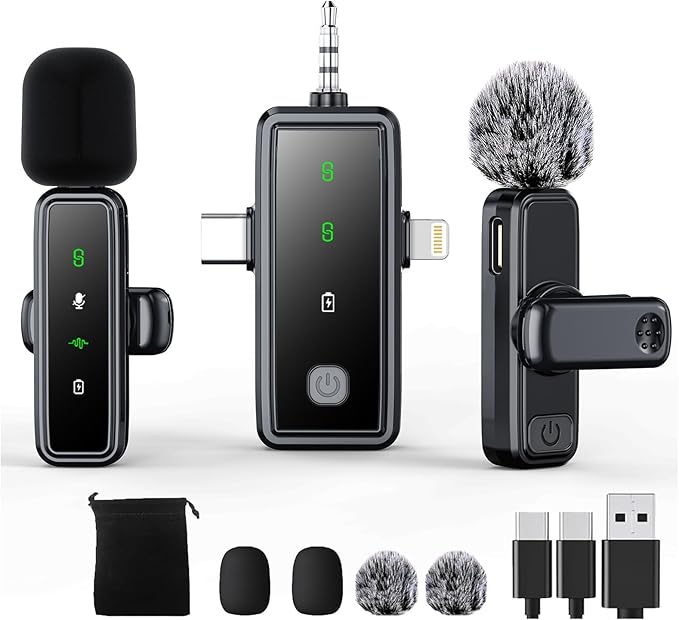 3 in 1 Wireless Lavalier Microphones for iPhone/Android/Camera, 2 Pack Mini Microphone LED Display Lapel Omnidirectional Mic with Mute/Reverb/Noise Reduction for TikTok/Podcast/Vlog Recording