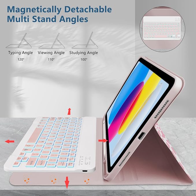 for Bluetooth Keyboard for iPad 10th Gen 10.9 inch (2022) case (A16) 11th / 10th Gen Case 11'' (2025) with 7-Color Backlights Pencil Holder Detachable Rechargeable - Black Cow