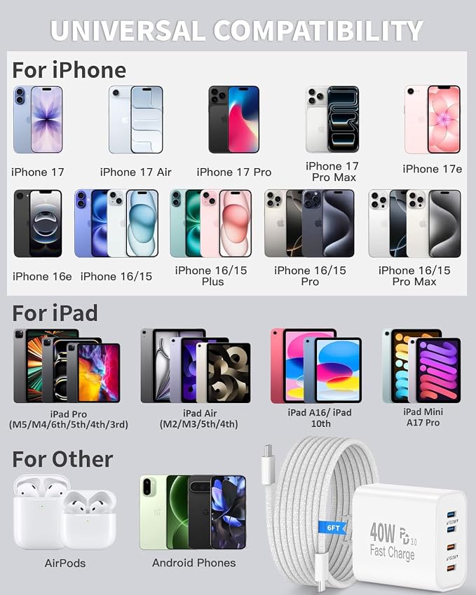 iPhone Charger Fast Charging for iPhone 17 16 152Pack 4Port USB C Charging | [Apple MFi Certified]40W Apple Fast USB C Charger Block with 6FT Woven USBC Cable for iPhone 17 Pro Max/Air/17 Pro/16/15i