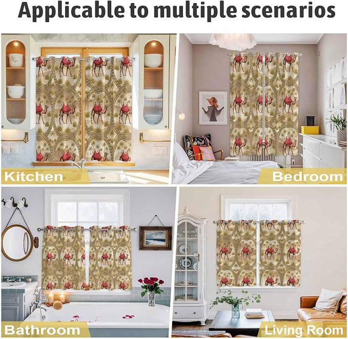 2 Panel Kitchen Cafe Curtains, Desert Camels Sunlight Filtering Nature Air