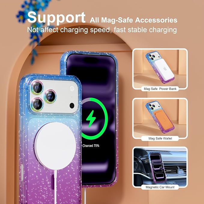 Choiche for iPhone 15 Pro Max Case Compatible with MagSafe Glitter Black | Women Girly Cute Glitter Sparkly Magnetic Phone Case with Diamond Camera Lens Protectors Military-Grade Drop Protection 6.7