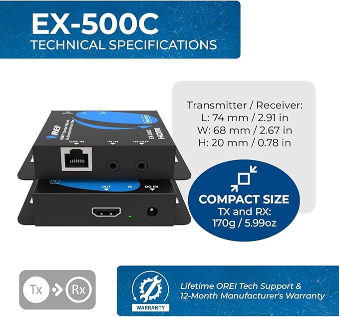 OREI HDMI Over Ethernet Extender with HDMI Loop Out, Bi-Directional IR, and PCM2.0 Audio – Extend 1080p@60Hz Up to 492ft Over CAT6/7