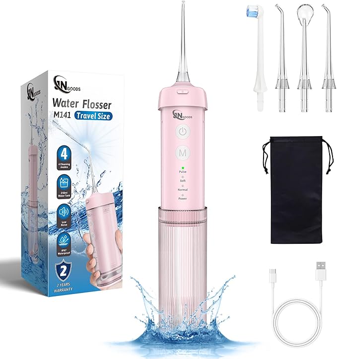 JNGOODS Mini Portable Water Flosser Oral Irrigator Water Teeth Cleaner Pick, Telescopic Water Tank, 4 Modes & IPX7 Waterproof, Home & Travel Water Flossers for Teeth, Braces Bridges Care. (Pink)