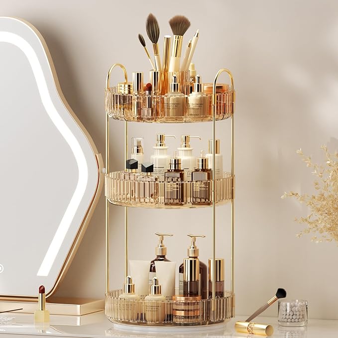 360° Rotating Makeup Organizer, Upgraded 3 Tier Skincare Perfume Organizers for Women, Bathroom Organizer Countertop, Clear Cosmetic Dresser Organizer with Makeup Brush Holder, Sink&Counter(Amber)