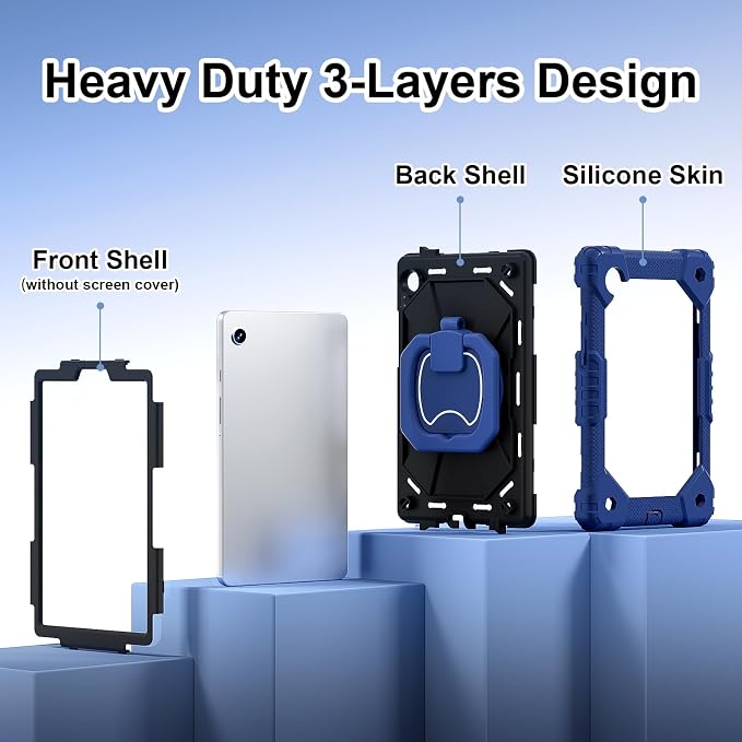 for Samsung Galaxy Tab A9/A11 8.7-Inch 2023/2025 Case.【NO A9+ Plus】 360 Rotating Stand Shoulder Strap Heavy Duty Shockproof Protective Silicone Case (Black)