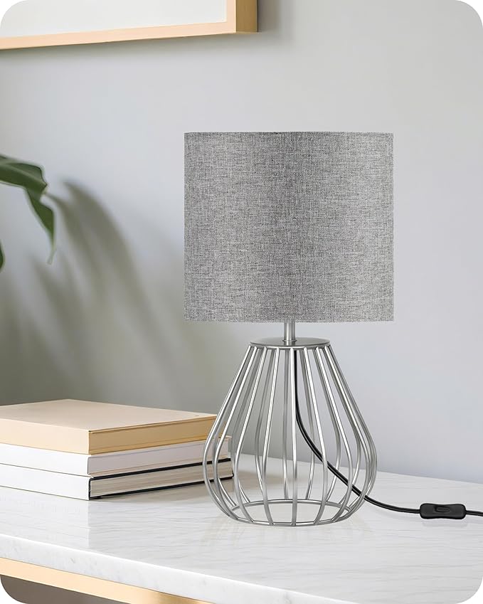 Small Table Lamp, Bedside Lamp with Grey Linen Lampshade & Silver Metal Base, Modern Nightstand Lamp, Little Cute Desk Lamp for Bedroom, Living Room, 2700K LED Bulb Included, SH06TL05