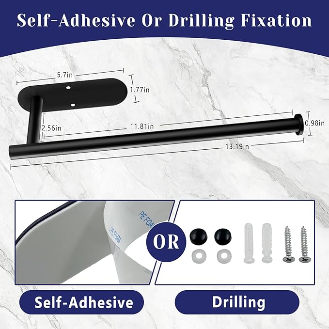 Paper Towel Holder, Self Adhesive or Drilling Paper Towel Holder Under Cabinet, Stainless Steel Black Paper Towel Holders Wall Mount for Kitchen, Bathroom, Sink, Pantry, Fridge