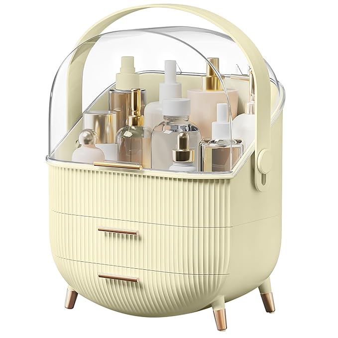 Makeup Organizers, Make Up Organizers for Vanity, Countertop Cosmetic Storage with Drawers and Transparent Cover for Bedroom Bathroom (Maize-yellow)
