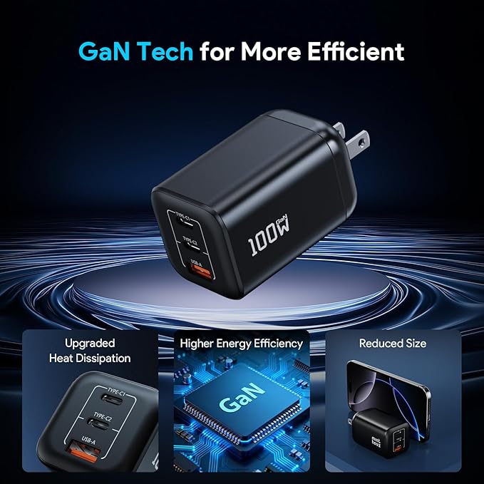 Minthouz 100W GaN Charger, 3-Port PD3.0 Fast Charging Station with Type-C & USB-A, Foldable Charger Block with 3.94FT Cable for MacBook Pro/Air, iPhone 17 16 15, Galaxy S24/S23, Pixel 8 and More