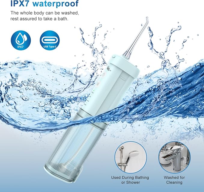 JNGOODS Mini Portable Water Flosser Oral Irrigator Water Teeth Cleaner Pick, Telescopic Water Tank, 4 Modes & IPX7 Waterproof, Home & Travel Water Flossers for Teeth, Braces Bridges Care. (Pearl Blue)