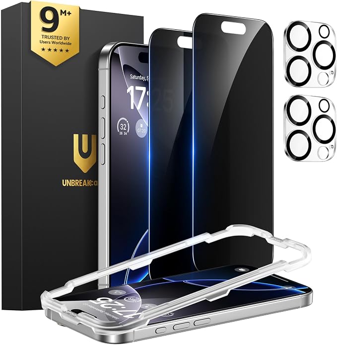UNBREAKcable iPhone 15 Privacy Screen Protector 2-Pack Upgraded Dual-Tempered Glass + 2 Camera Lens Protectors 25° Anti-Spy Military-Grade 9H+ HD Clear Anti-Fingerprint 6.1 Inch