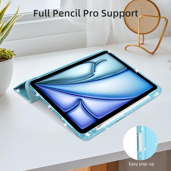 Case for iPad Air 13 Inch (M4/M3/M2 2026/2025/2024) &amp iPad Pro 12.9 6/5th Gen (2022/2021) Glittering Sparkly Cover with Shiny Clear Back Shell Trifold Stand Case with Pencil Holder Black