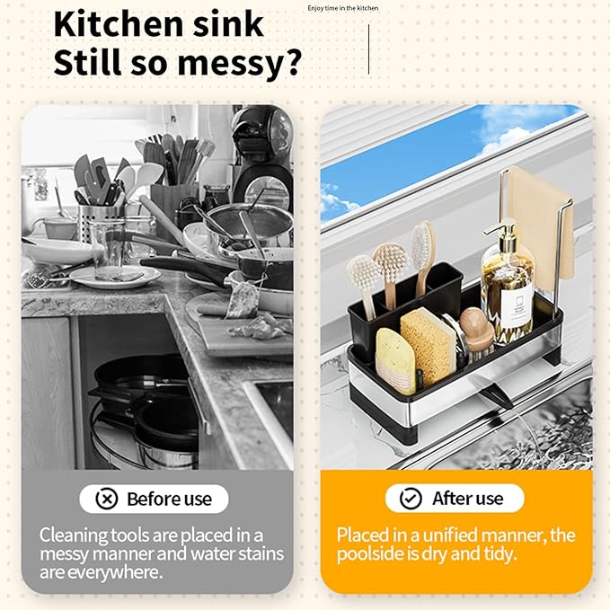 Sponge Holder for Kitchen Sink,Sink Caddy Organizer with Removable Brush Holder,Kitchen Countertop Soap Dispenser Storage with Detachable Towel Rack,Black