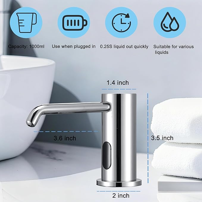 Automatic Soap Dispenser Touchless for Kitchen Bathroom Sink Built in Electric Soap Dispenser Infrared Sensors Liquid Commercial Dispenser with Bottle and Pump 33.81oz/1000ml (Chrome)