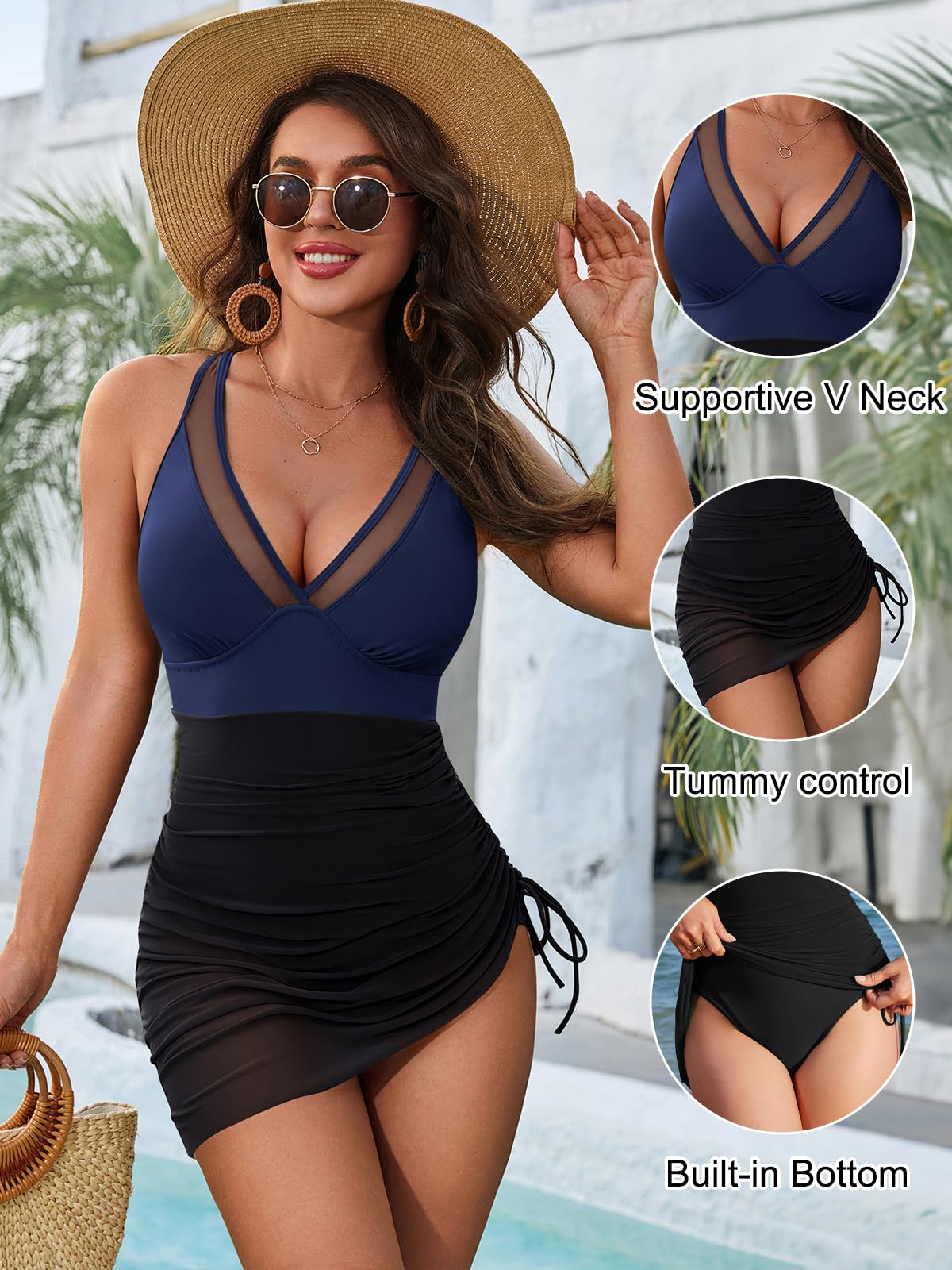 Blooming Jelly Women One Piece Swimsuits Tummy Control Swim Dress Slimming Modest Sexy Bathing Suit Sarong Wraps Drawstring Swim Suits 2025 (L, Blue/Black)