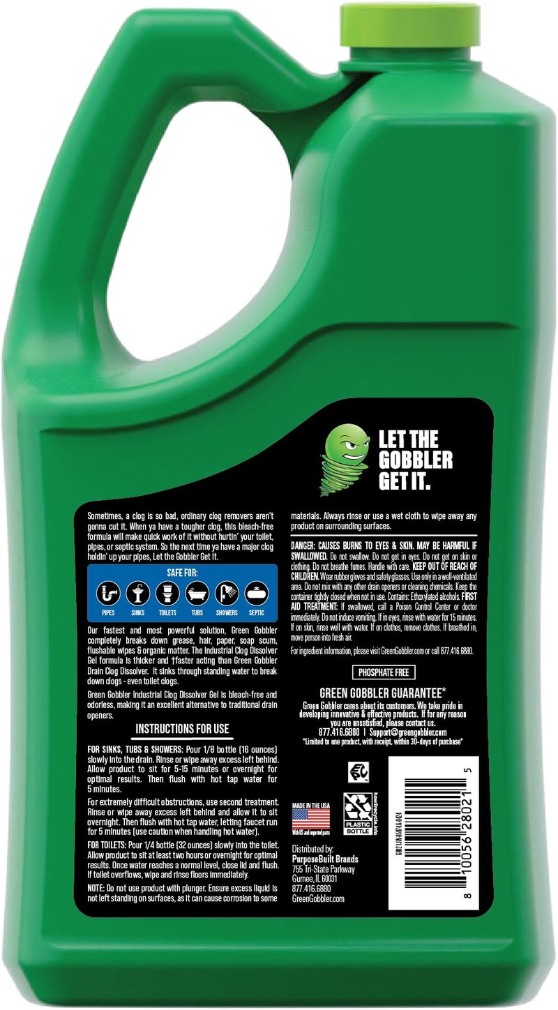 Green Gobbler Industrial Strength Grease and Hair Drain Clog Remover | Drain Cleaner Gel | Safe for Pipes, Toilets, Sinks, Tubs, Drains & Septic Systems | 1 Gallon