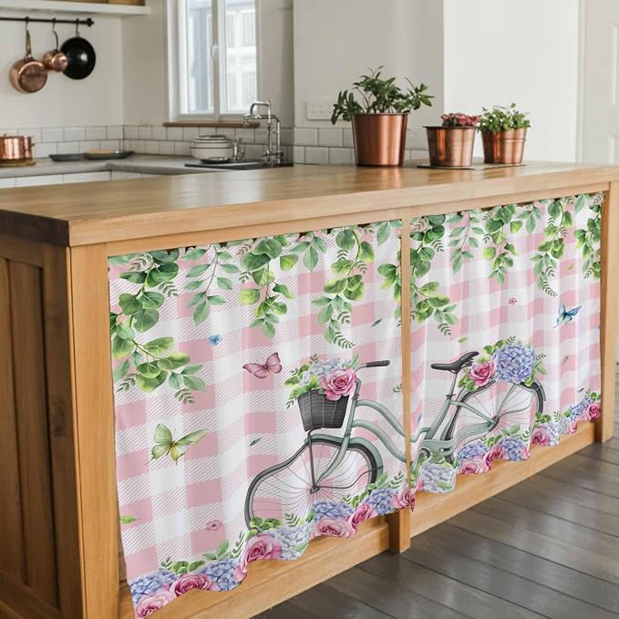 Spring Tier Curtains, Bicycles Leaves Butterfly Flowers Pink Buffalo Plaid