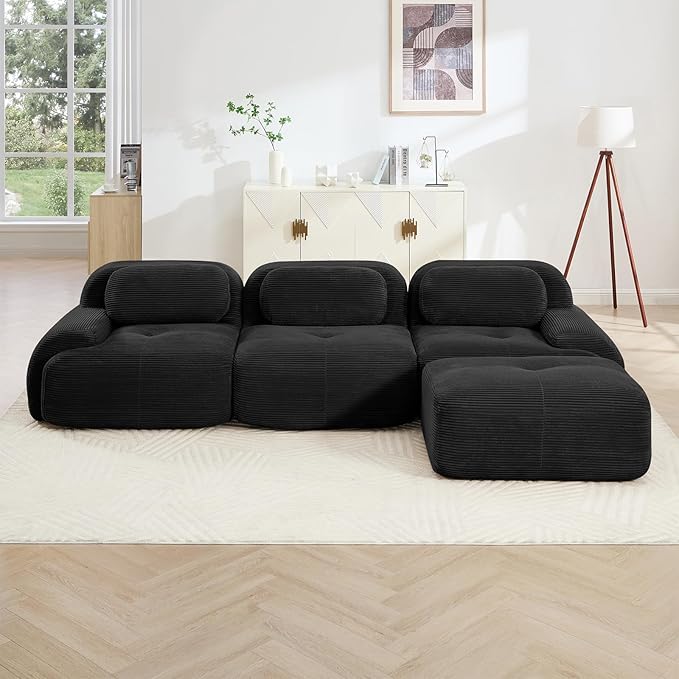 116" Modern Corduroy Cloud Sofa with Ottoman, L Shaped Boneless Modular Large Sectional Couches for Living Room, Black 3 Seater Compressed Memory Foam Couch, Extra Deep Seat, No Assembly