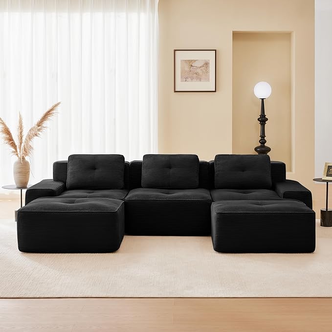 115.3'' Sectional Sofa, 32D Foam Corduroy Boneless Couch with Pillow, Deep Seat Wide Arm Sectional U Shaped Couch for Living Room, Apartment, Bedroom